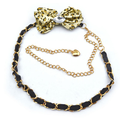 Fashion Charming Gold Metal Black Silk Chain Leopard Bowknot  Crystal Long Waist Chain N-1349