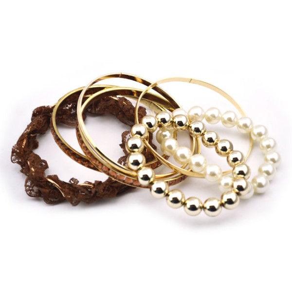 Fashion European gold plated metal lace pearl beads Bracelet Bangle set B-0276