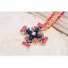 New Fashion Gold Plated Alloy Rose Ribbon Weave Chain Resin Rhinestone Flower Cross Pendant Necklace  N-0579