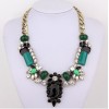 New European Style Vintage Gold Green Gem Rhinestone Resin Flower Choker Necklace  N-0581