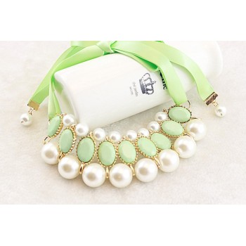 New Charming Korean Style Gold Plated Alloy Silk Ribbon Resin Gem Pearl Necklace N-1572