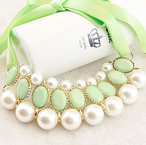 New Charming Korean Style Gold Plated Alloy Silk Ribbon Resin Gem Pearl Necklace N-1572