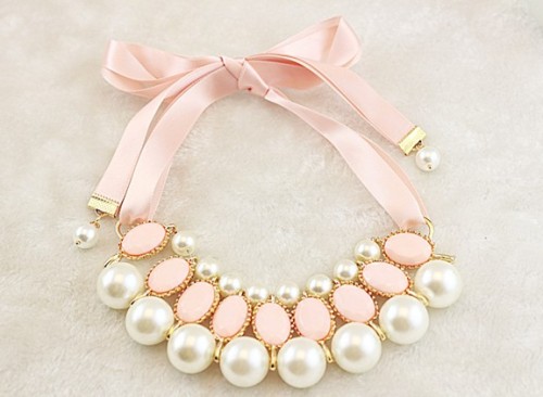New Charming Korean Style Gold Plated Alloy Silk Ribbon Resin Gem Pearl Necklace N-1572