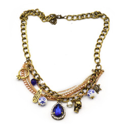 New vintage Style bronze metal chain pearl ring snowflake skull blue crystal drop Necklace S-0038