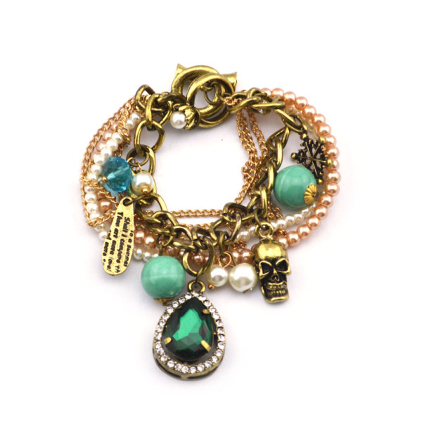 New vintage Style bronze metal chain pearl ring letter beads snowflake skull green crystal drop Necklace bracelet set s-0037