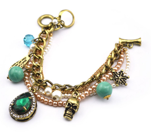 New vintage Style bronze metal chain pearl ring letter beads snowflake skull green crystal drop Necklace bracelet set s-0037
