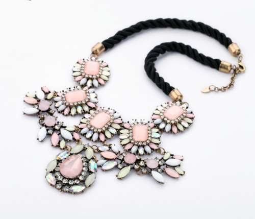 European Style Vintage Gold Rhinestone Sakura Pink Gem Rope Chain Choker Necklace Earring   S-0033