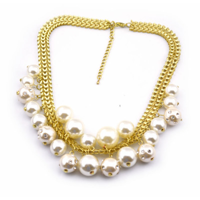 New  fashion gold plated snake chain rhinestone pearl ball tassels Choker Necklace adjustable N-1573