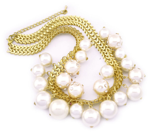 New  fashion gold plated snake chain rhinestone pearl ball tassels Choker Necklace adjustable N-1573