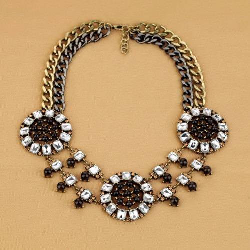 New Fashion Vintage European Style Bronze Alloy Multilayer Rhinestone Crystal Gem Choker Necklace N-0159