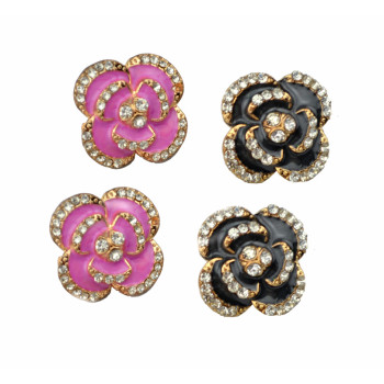 European Style black/pink enamel rhinestone flower ear studs E-0286