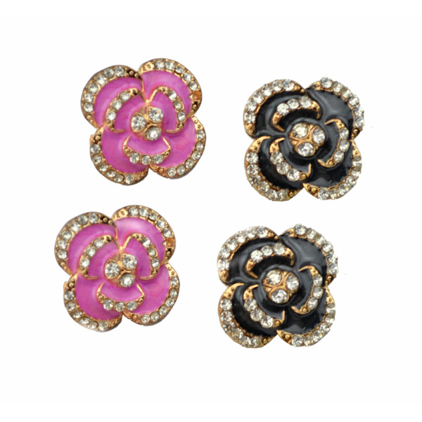 European Style black/pink enamel rhinestone flower ear studs E-0286