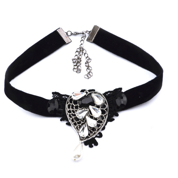 Gothic  black ribbon lace flower gem crystal drop leaf pear collar necklace N-1577