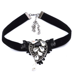 Gothic  black ribbon lace flower gem crystal drop leaf pear collar necklace N-1577