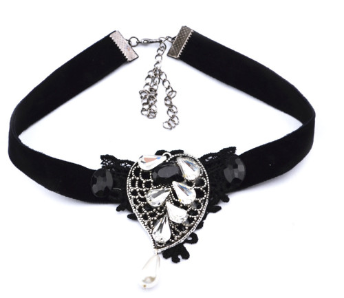 Gothic  black ribbon lace flower gem crystal drop leaf pear collar necklace N-1577