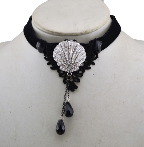 Gothic  black ribbon lace flower gem rhinestone shell shape drop tassels collar necklace N-1578