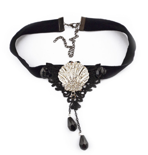 Gothic  black ribbon lace flower gem rhinestone shell shape drop tassels collar necklace N-1578