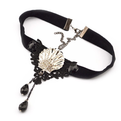 Gothic  black ribbon lace flower gem rhinestone shell shape drop tassels collar necklace N-1578