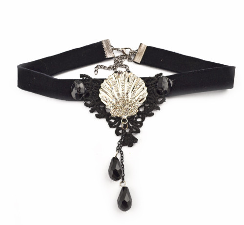 Gothic  black ribbon lace flower gem rhinestone shell shape drop tassels collar necklace N-1578