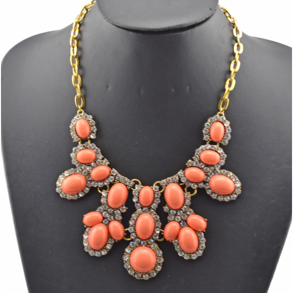 vintage style bronze alloy resin gem clear rhinestone flower choker necklace N-0298