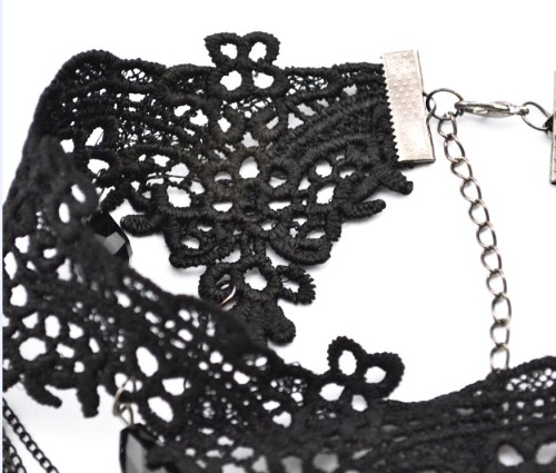 New Fashion Gothic Black Hollow Out Lace Flower Drop Tassel Collor  Necklace N-1582