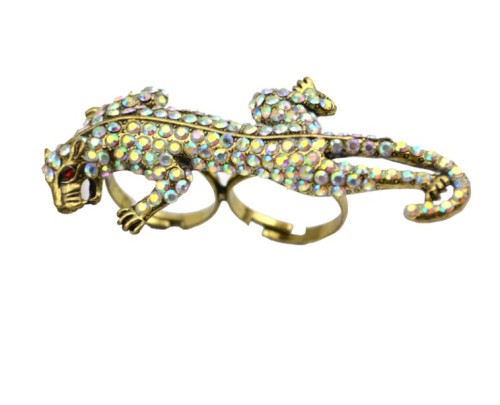 New Arrival European Vintage Style Bronze Alloy Colorful Rhinestone  Leopard Ring Size Adjustable R-0235