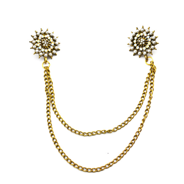 P-0063-B European vintage Gold metal Rhinestone faux pearl sunflower tassels Collar Brooch Pin