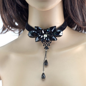 New European Style Fashion Gothic Black Lace crystal Flower Drop Tassel Collor  Necklace N-1586