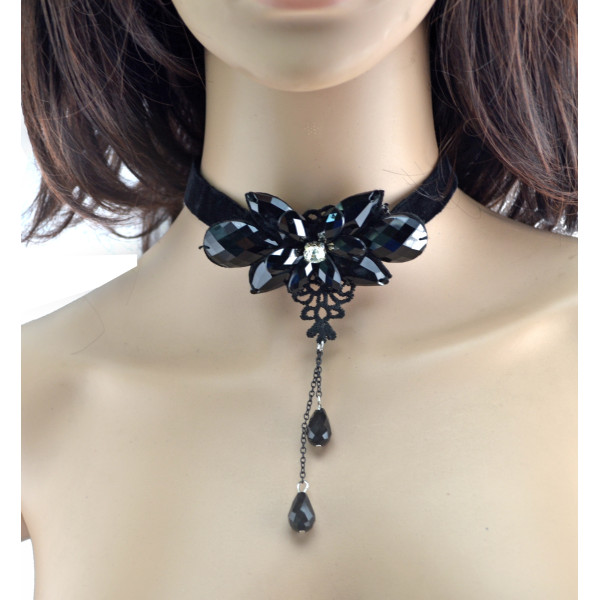 New European Style Fashion Gothic Black Lace crystal Flower Drop Tassel Collor Necklace N-1586