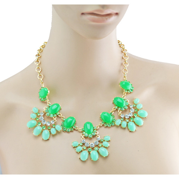 European  Gold Plated Alloy Resin Gem Rhinestone  Flower Drop Choker Statement Necklace N-3002