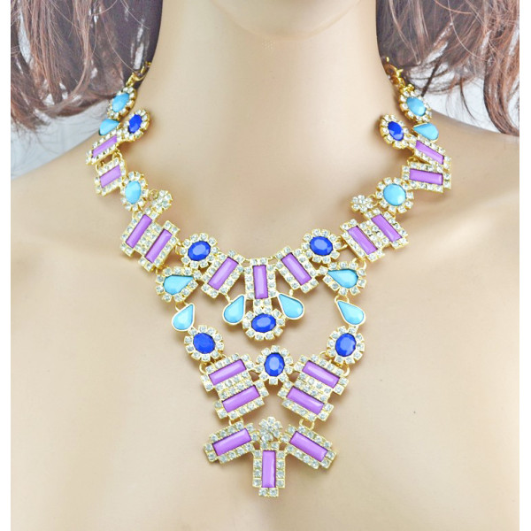 Fashion Charming European Resin Drop Oblong Rhinestone Gem Flower Choker Necklace N-0302