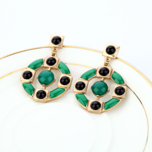 European vintage Style green enamel black beads  dangle ear studs E-1677