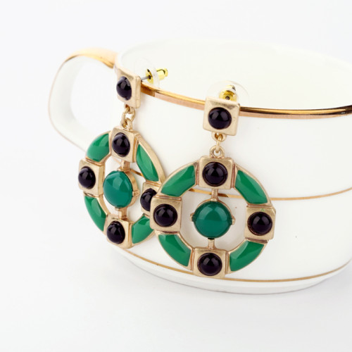 European vintage Style green enamel black beads  dangle ear studs E-1677