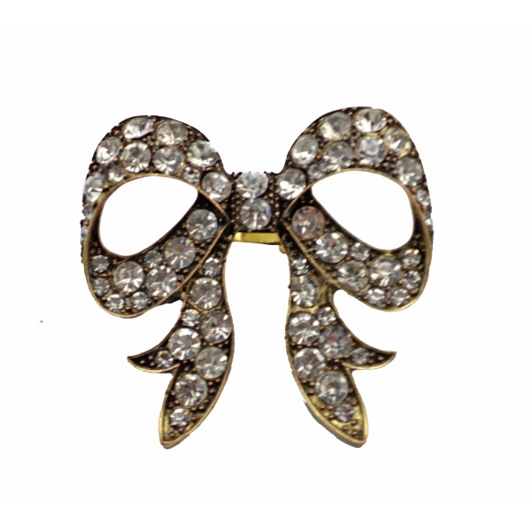 Vintage Style bronze metal clear rhinestone big bowknot Ring Size Adjustable
