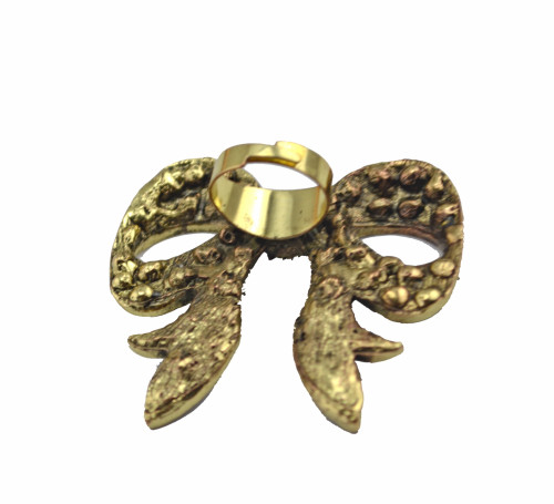 Vintage Style bronze metal clear rhinestone big bowknot Ring Size Adjustable