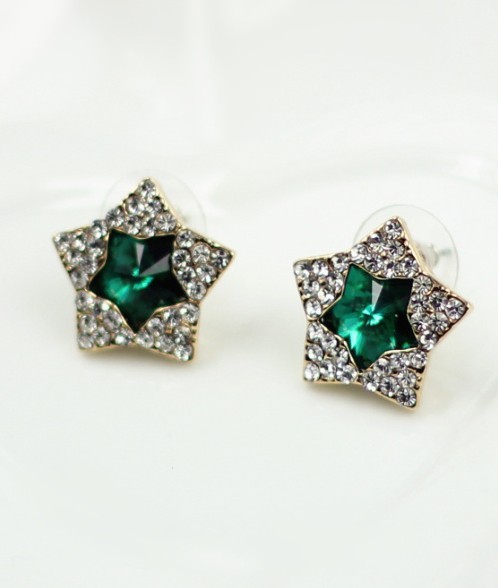 Fashion Korean Full Rhinestone Golden Green Gem Star Ear Stud Earrings E-1685