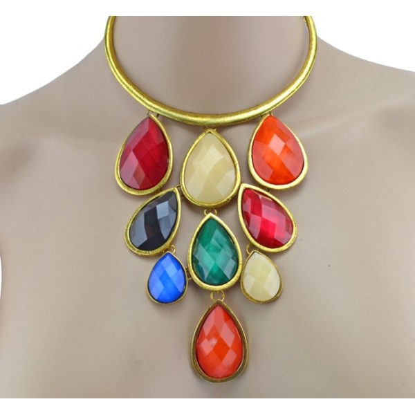 New European Style Vintage Gold Plated Alloy Acrylic Drop Pendant Collar Necklace N-0800