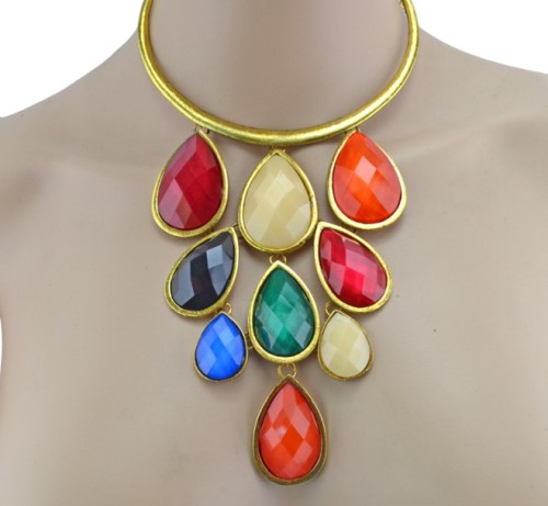 New European Style Vintage Gold Plated Alloy Acrylic Drop Pendant Collar Necklace N-0800