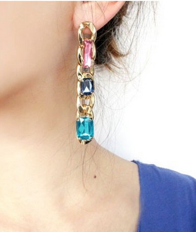 Fashion Gold plated link chain crystal long dangle Ear Stud Earrings E-0288