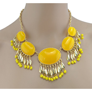 European Style Golden Resin Gem Drop Leaves Pendant Collar Necklace N-3004