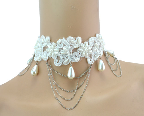 New Gothic white Lace pearl Drop lucky clouds flower leaves multilayer Tassel Collor  Necklace N-1593
