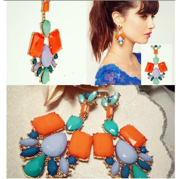 New Arrival Bohemia Style Gold Plated Alloy Colorful Resin Gem Drop Earrings E-0688