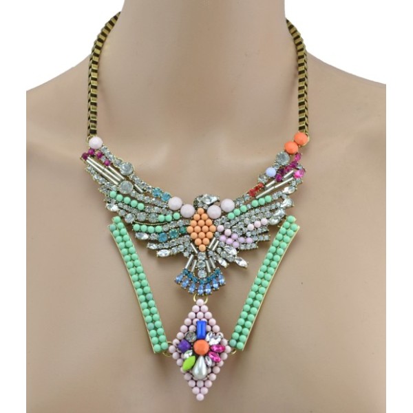 New Luxury Vintage Bronze Alloy Colorful Beads Crystal  Eagle Choker Necklace N-3404