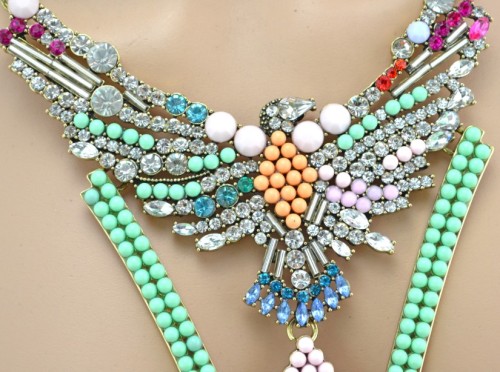 New Luxury Vintage Bronze Alloy Colorful Beads Crystal  Eagle Choker Necklace N-3404