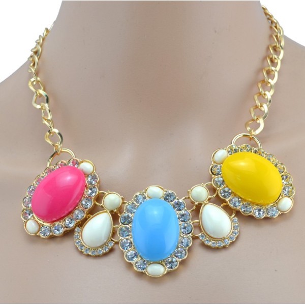 New European Style golden link chain clear rhinestone flower resin gem drop choker Necklace N-3013