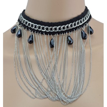 Gothic Black Ribbon choker chain silver/gold metal tassels choker acrylic drop Necklace adjustable N-1607