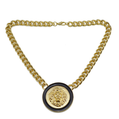 New Arrival European Style Gold Plated Link Chain Enamel Round Lion Head Choker Necklace N-2906