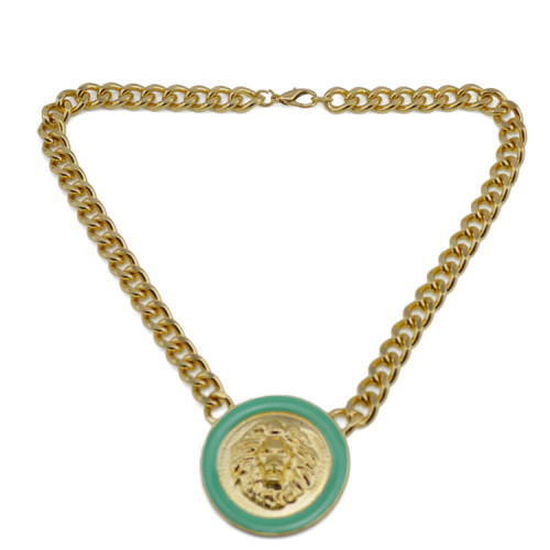 New Arrival European Style Gold Plated Link Chain Enamel Round Lion Head Choker Necklace N-2906