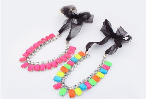 New Korean Style Ribbon Chain Candy Color Resin Crystal Choker Necklace N-3015