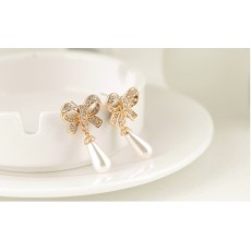 New Fashion Korean Style Gold Plated Boweknot Rhinestone Pearl Drop Ear Stud Earrings E-1686